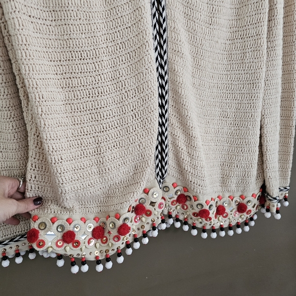 Tory Burch Embellished Linen Jacket Blazer Woven Jewelled Pom Pom Sweater - Picture 3 of 13